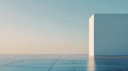 Minimalist white wall standing on a reflective floor with a clear sky in the background, creating a...