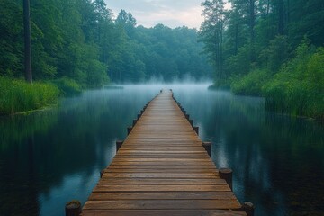 A long wooden bridge spanning across a calm body of water, perfect for use in travel or landscape photography