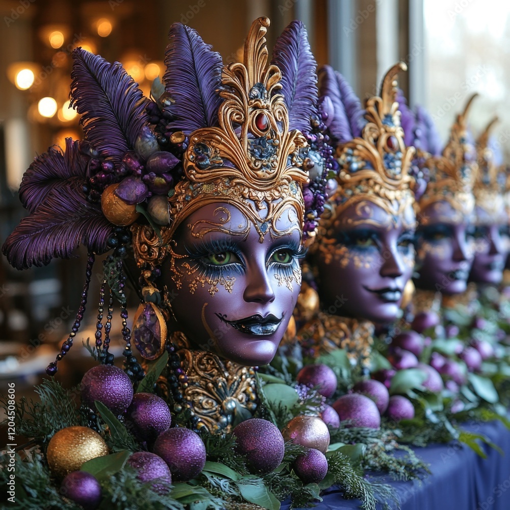 Poster A collection of colorful masks displayed on a surface, ideal for use in costume designs or decorative settings