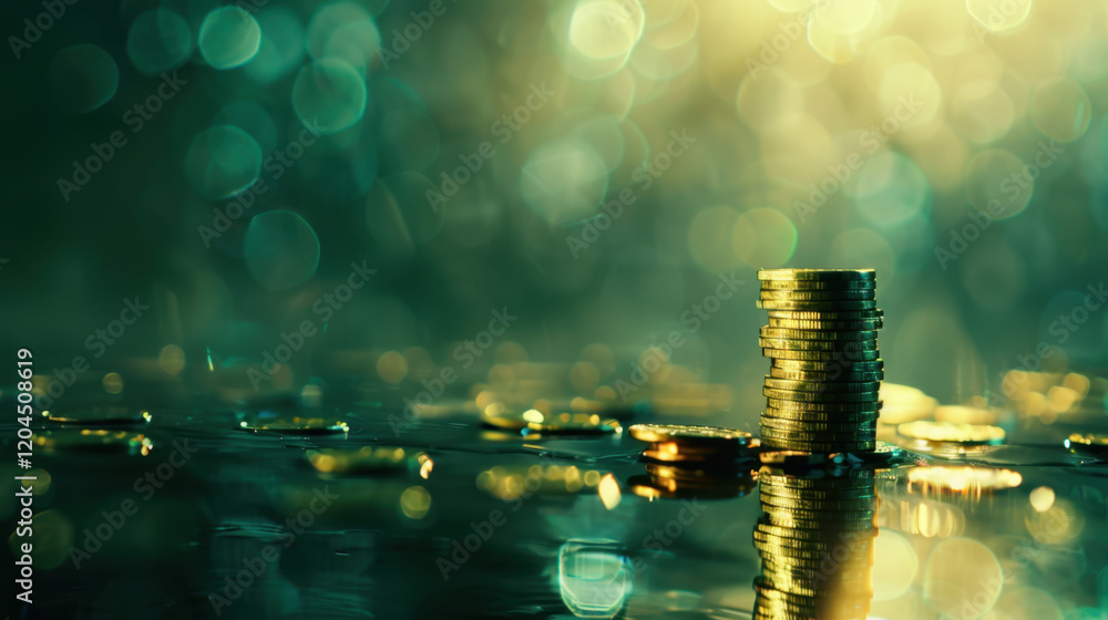 Poster golden coins stacked on reflective surface with blurred background, creating sense of wealth and pro
