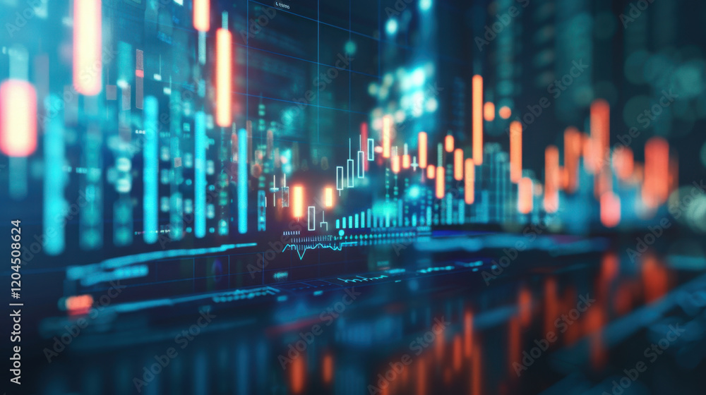 Poster digital financial data visualization with colorful graphs and charts