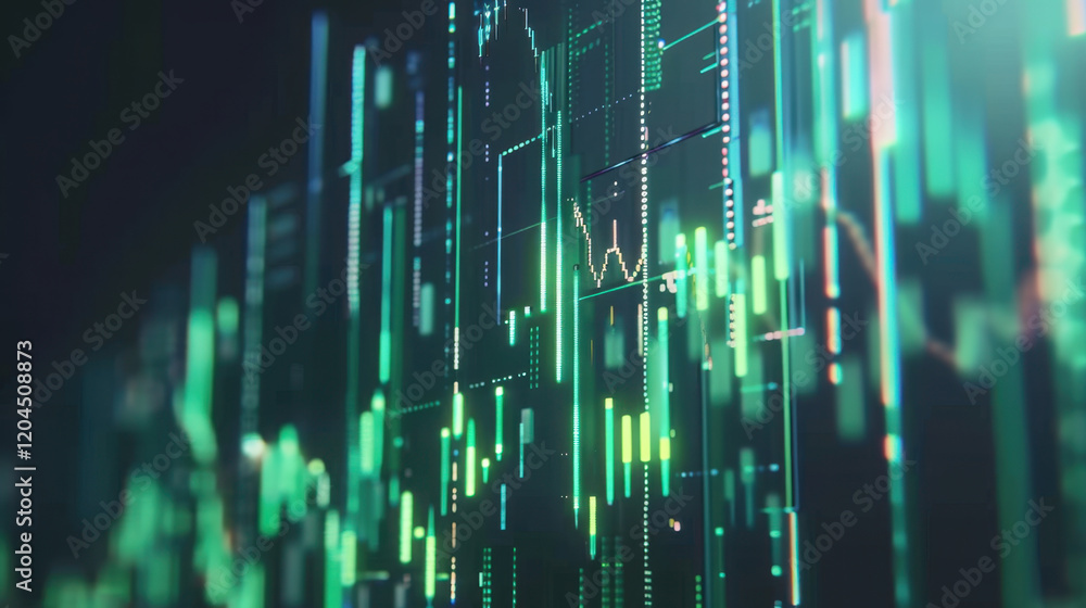 Poster digital financial data visualization with green and blue graphs