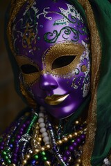 Fototapeta premium A close-up shot of a person wearing a purple mask, ideal for use in images about mystery, secrecy or fashion