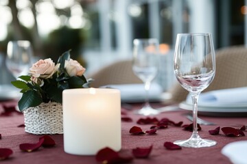 An elegantly set dinner table adorned with candlelight, delicate rose petals, and crystal glassware, perfect for a romantic evening or special celebration.