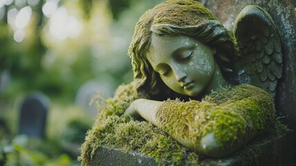 A moss-covered angel statue rests serenely in a lush, green garden, exuding tranquility and grace.