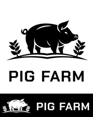 Minimalist pig farm logo featuring a pig silhouette with decorative leaves