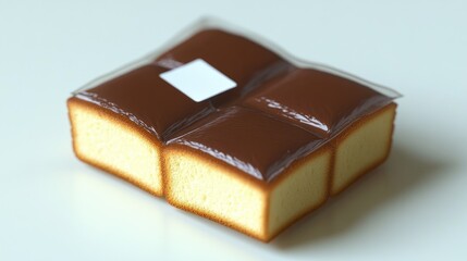 Chocolate-topped sponge cake squares in plastic packaging.
