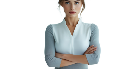 Professional woman in a gray pencil skirt and white blouse