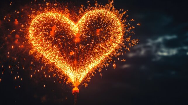 A heart shaped firework explodes in the night sky, perfect for romantic celebrations or special occasions