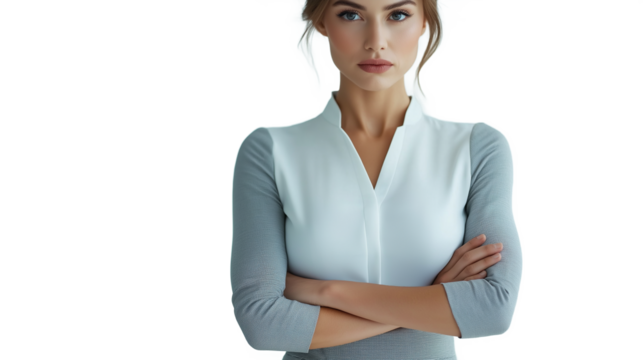 Professional woman in a gray pencil skirt and white blouse - Powered by Adobe