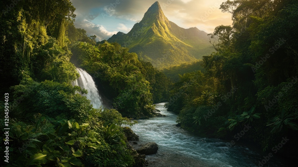 Poster a serene scene of a river meandering through a dense green forest, perfect for use in nature-related
