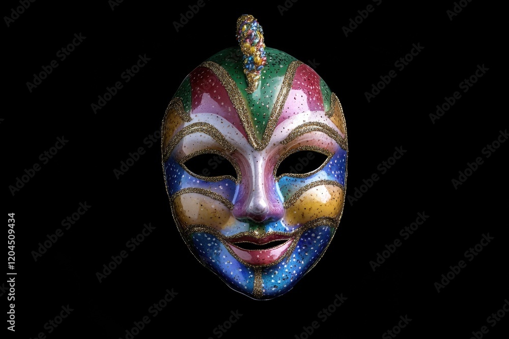 Poster a vibrant mask on a dark backdrop, perfect for adding color and creativity to your project