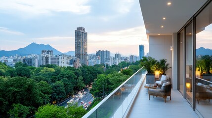 Cityscape view from a modern apartment balcony at dusk.