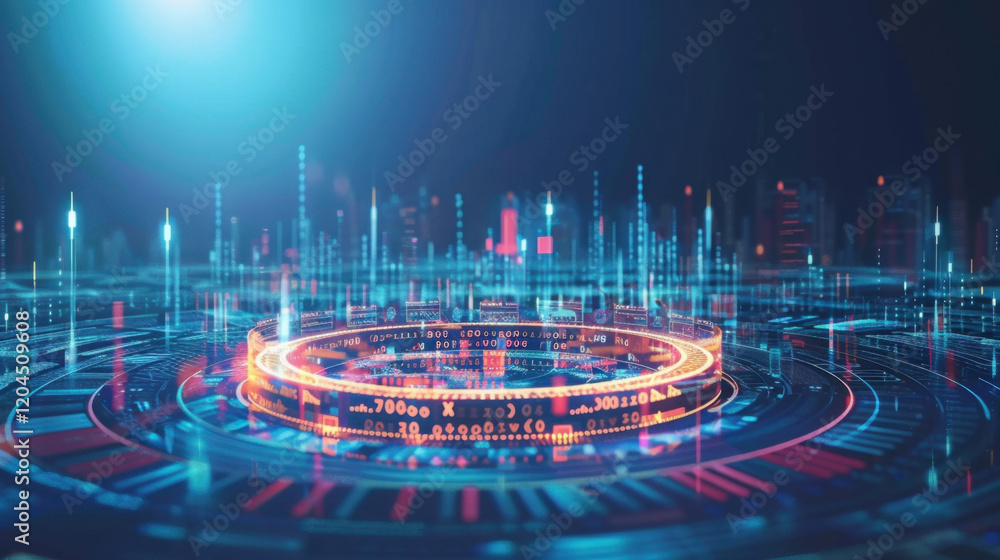Poster futuristic digital data visualization with glowing circular patterns and graphs, representing techno