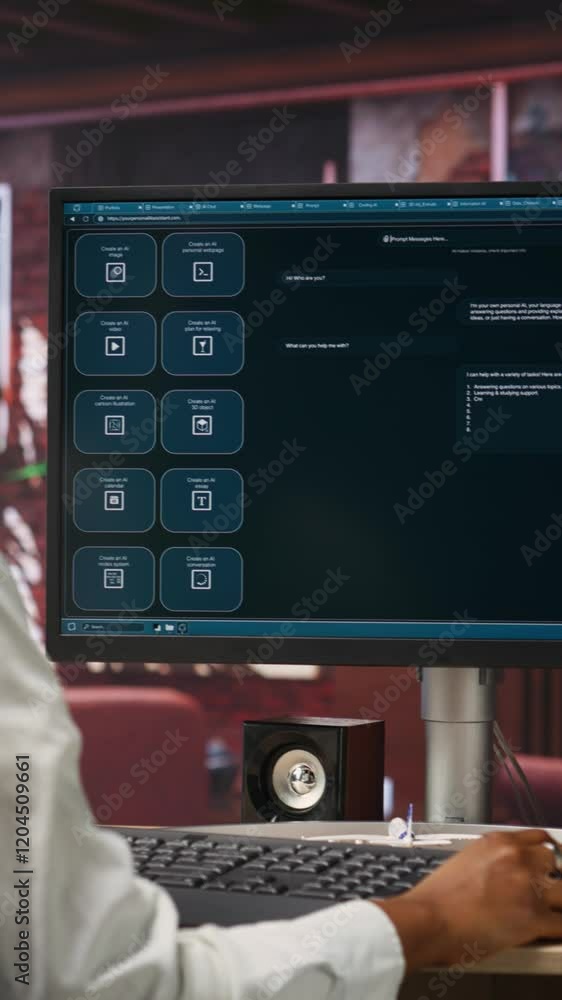 Fototapete Vertical video Woman solving personal tasks with AI LLM chatbot answering prompts using predictive technology. Person using computer in apartment to interact with large language model program, camera