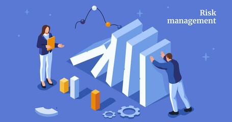 Effective risk management. Moving banner with male entrepreneur stopping domino effect. Businessman analyzes data to prevent economic crisis and company bankruptcy. Isometric 3D animated graphics - Powered by Adobe