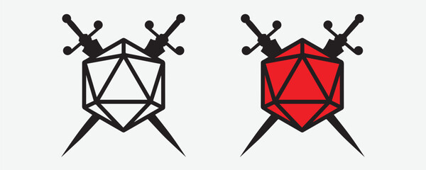 Crossed Swords with 20 sided / d20 or 20d dice line vector icon for apps and websites
