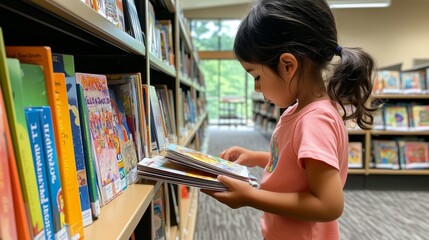 A young girl is browsing through a library, looking at books. She is holding a book in her hands and she is interested in reading it. The library is filled with many books