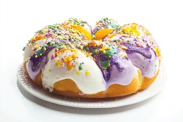 A white plate topped with a colorful cake covered in icing and sprinkles, perfect for birthday or celebration photography