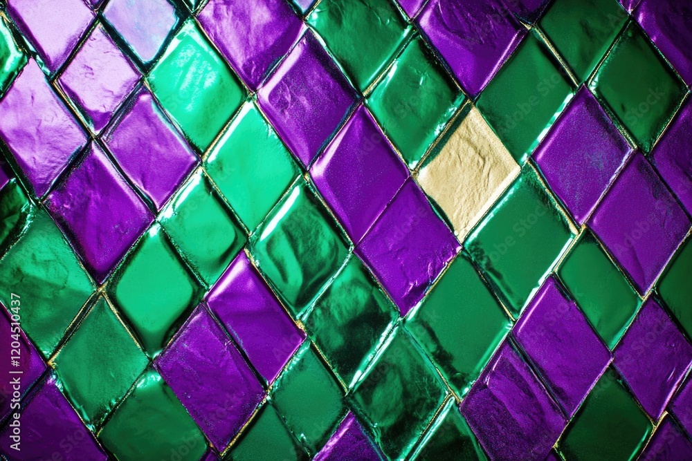 Poster a close-up shot of a unique purple and green tiled wall with intricate patterns