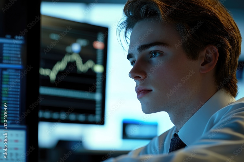 Poster a person sitting at a desk staring at a computer screen