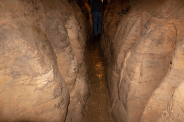 View of a narrow part of the path inside the Ohio Caverns in West Liberty, Ohio USA.