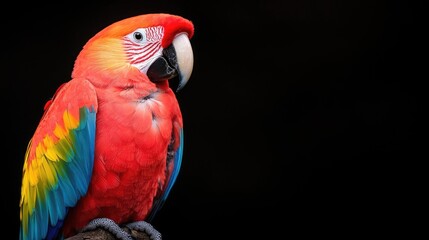 Obraz premium Scarlet Macaw profile, perched, dark background, vibrant plumage, wildlife photography, ideal for nature documentaries