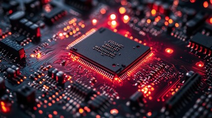 Fototapeta premium Close-up view of a glowing microchip on a circuit board with intricate details and vibrant lighting