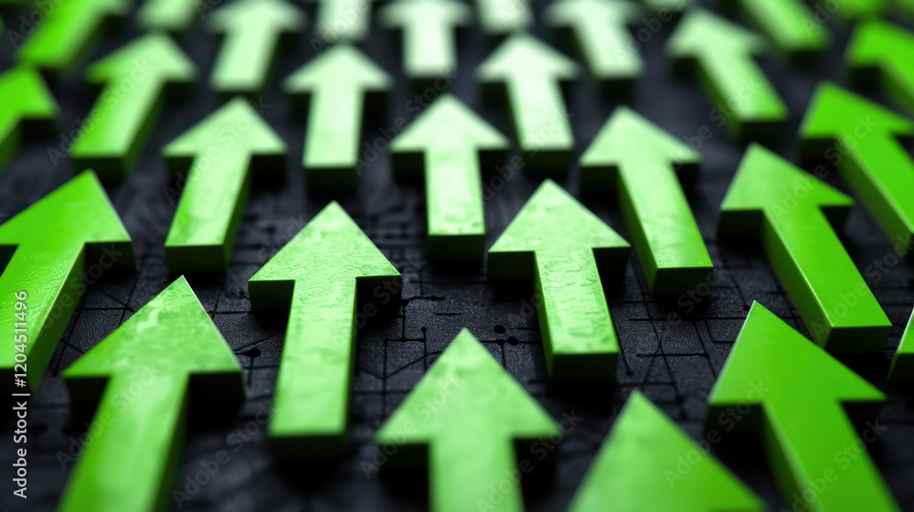 Poster pattern of green arrows pointing upwards on dark background, symbolizing growth and progress. vibran