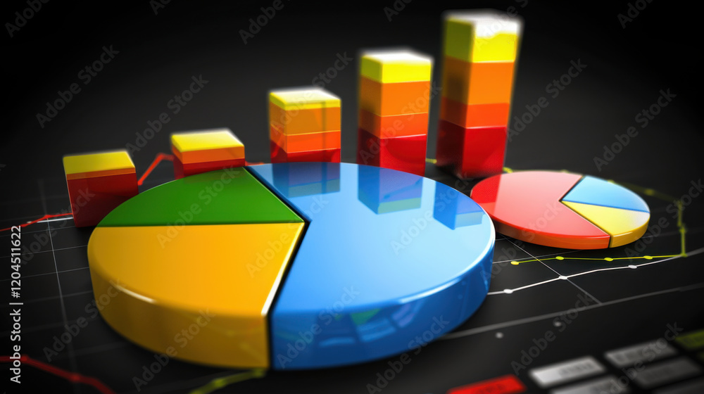 Poster 3d pie charts and bar graphs in vibrant colors on dark background, representing data analysis and st