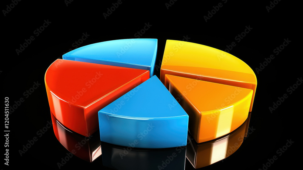 Poster colorful pie chart on reflective surface, representing data visualization and analysis