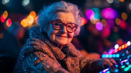 Naklejka premium Elderly Woman Engaged in Mixing Music at a Vibrant Outdoor Event During the Evening With Colorful Lights Illuminating Her Surroundings