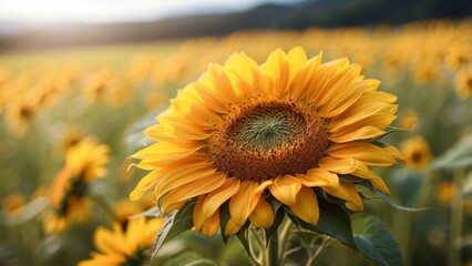 Fototapeta premium Detailed sunflower petal, blurred meadow background