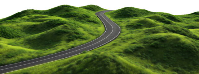 Scenic Asphalt Road Curving Through Green Landscape in Summer Adventure isolated