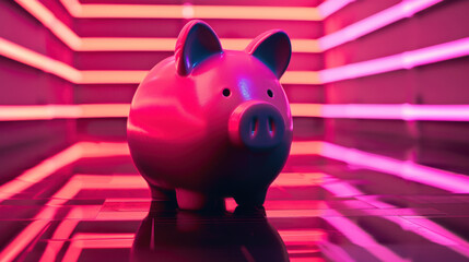 vibrant pink piggy bank stands against backdrop of neon lights, symbolizing savings and financial growth. colorful setting adds modern touch to classic concept of saving money