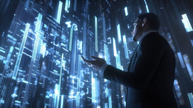 Businessman interacts with futuristic digital data stream.