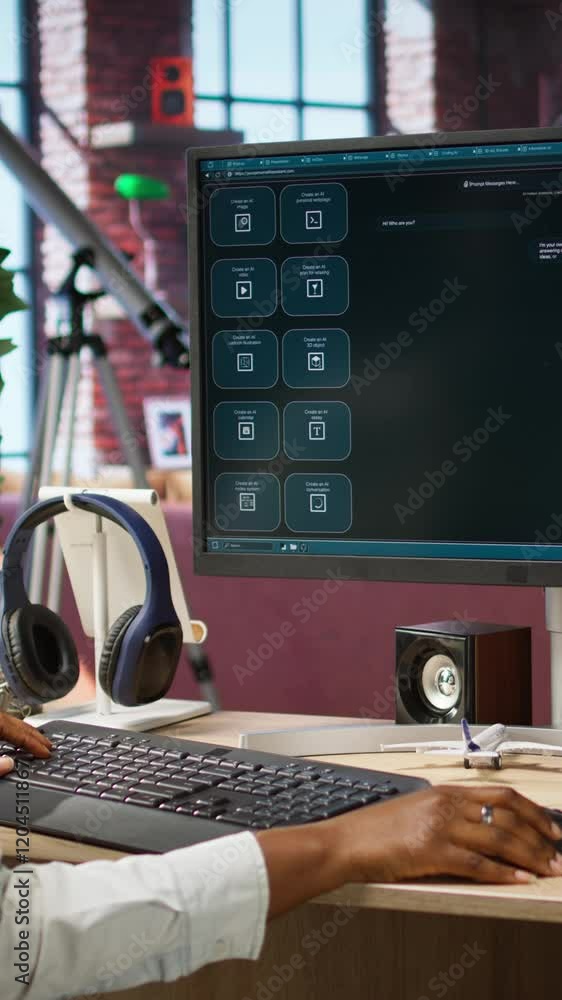 Poster vertical video woman seated at desk using ai llm chatbot software in modern urban home office. perso