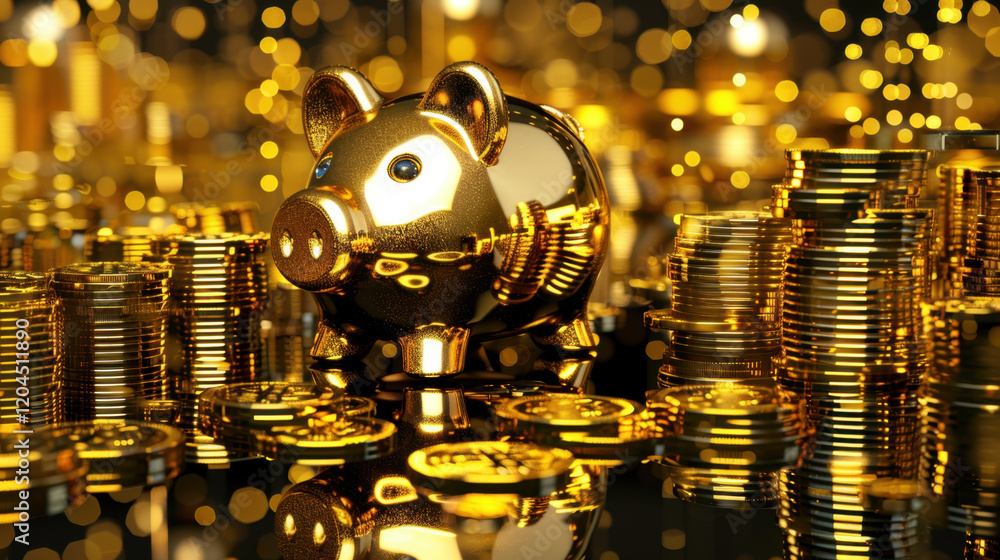 Poster shiny golden piggy bank surrounded by stacks of gold coins, symbolizing wealth and savings. backgrou
