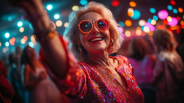 Elderly Woman in Vibrant Outfit Enjoys Lively Dance Party Filled With Colorful Lights and Joyful Atmosphere