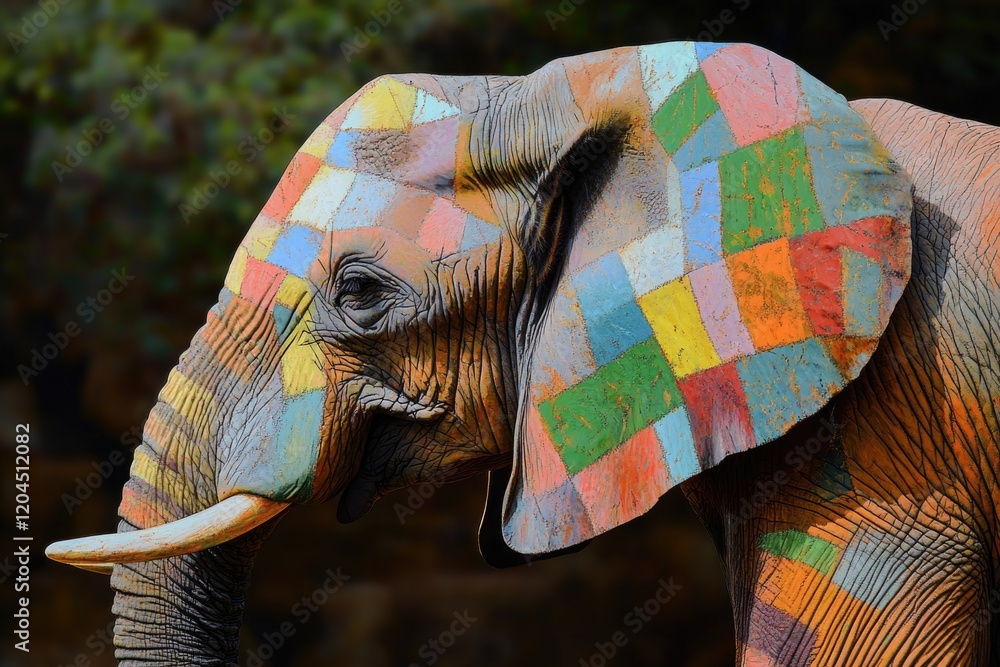 Poster a close-up shot of an elephant's face with a colorful patchwork design