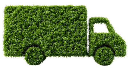 Isolated Green Truck on Grass Field with White Background for Sustainable Transport and Logistics Concept