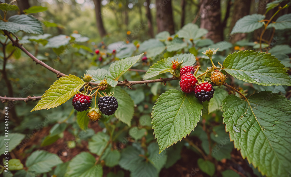 Leinwandbilder branch of a tree with a few black and red berries on it. the berries are ripe and ready to be picked