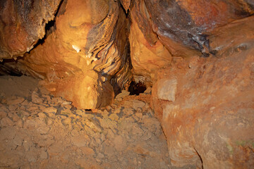 View of a small crevice with cave formations in the Ohio Caverns in West Liberty, Ohio USA.