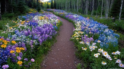 Fototapeta premium Winding dirt path curves through a vibrant field of blooming purple and yellow wildflowers in a lush green forest during daytime.