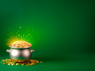 Sparkling pot of gold with shamrocks on mystical green background Happy St Patricks Day Saint Patrick - generated by ai