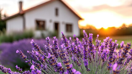 Naklejka premium Lavender field sunset, rural house background, idyllic scene, peaceful home