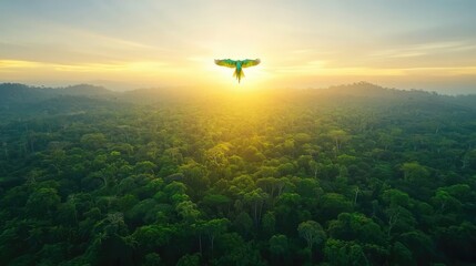 Fototapeta premium Green parrot flying high over a dense tropical rainforest canopy during a golden sunrise.
