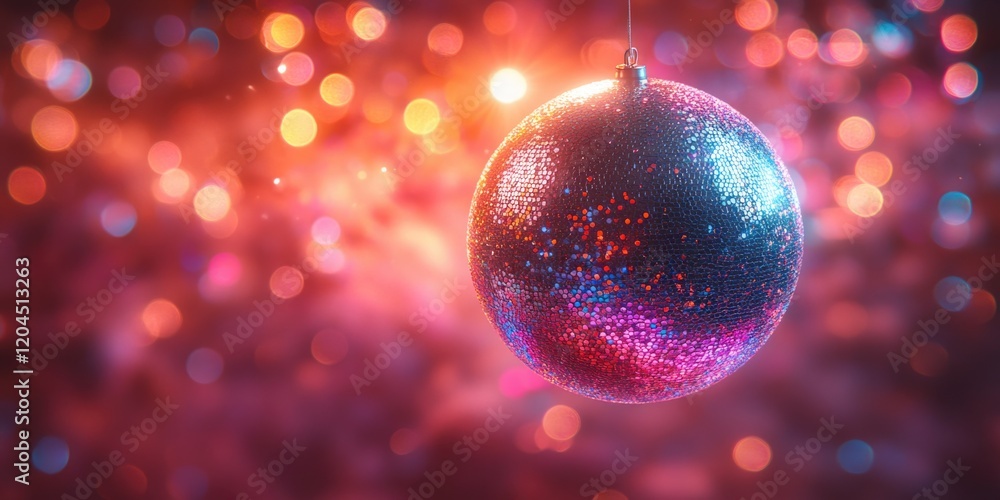 Poster a shiny disco ball suspended from a string, ready to spin and shine