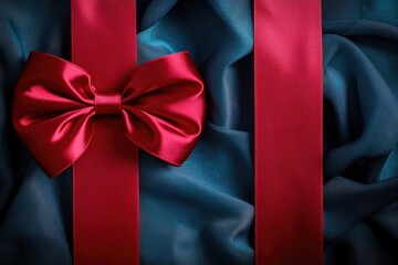 A bright red bow tied onto a soft blue satin fabric