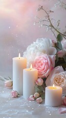 Soft candlelight glows with hearts, creating a romantic atmosphere for a special evening celebration. Social media template.